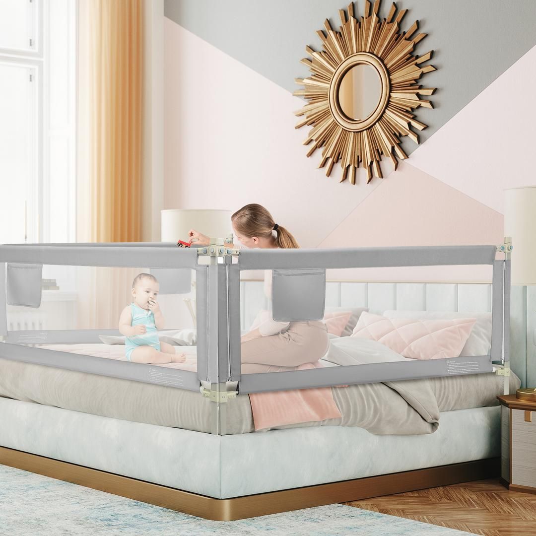 Q-MIULIKE Baby Bed Rail for Toddlers Crib Guard Rail Smooth Flip-Down Safety Rail Guards for 14 Height Adjustable, Toddlers Bed Rails 1 Piece 158" x 5