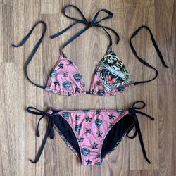 ED HARDY Vintage Y2K Rare Pink Tiger Tattoo Star String Triangle Edgy Bikini Set
