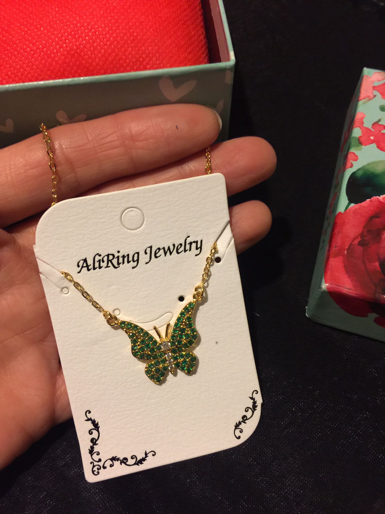 Golden Butterfly With Green Crystal Stones Necklace 