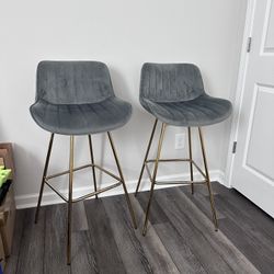 Set of 2 Bar Stool with Chrome Footrest Velvet Fabric Counter Stool Golden Leg Simple Bar Stool