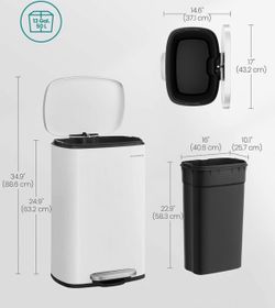 13 Gallon (50 L) Trash Can, Stainless Steel Kitchen Garbage Can, Recycling or Waste Bin, Soft Close, Step-On Pedal, Removable Inner Bucket, White ULTB