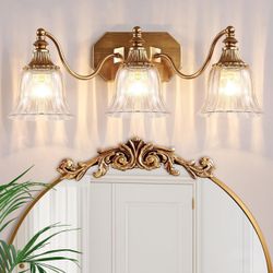 3-Light Crystal Glass Shade Matte Antique Brass Finish  Lighting fixtures Over Mirror