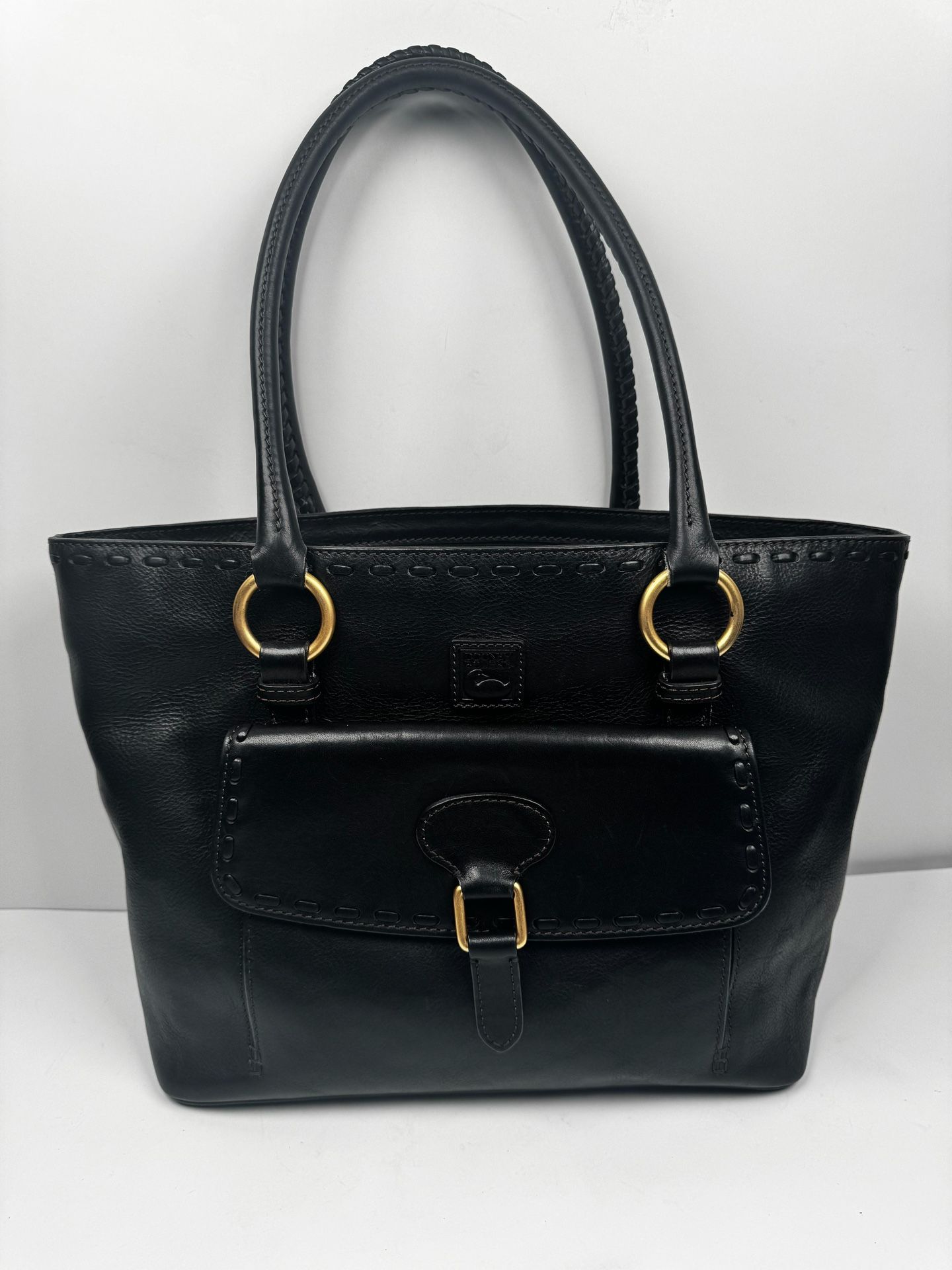 Dooney Bourke Florentine Leather Duck Logo Domed Satchel Shoulder Bag Black