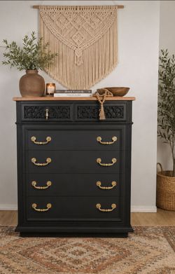 Black Tall Dresser with Gold Hardware