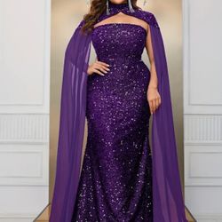 Plus Size Purple Sequined Brush Train Dress