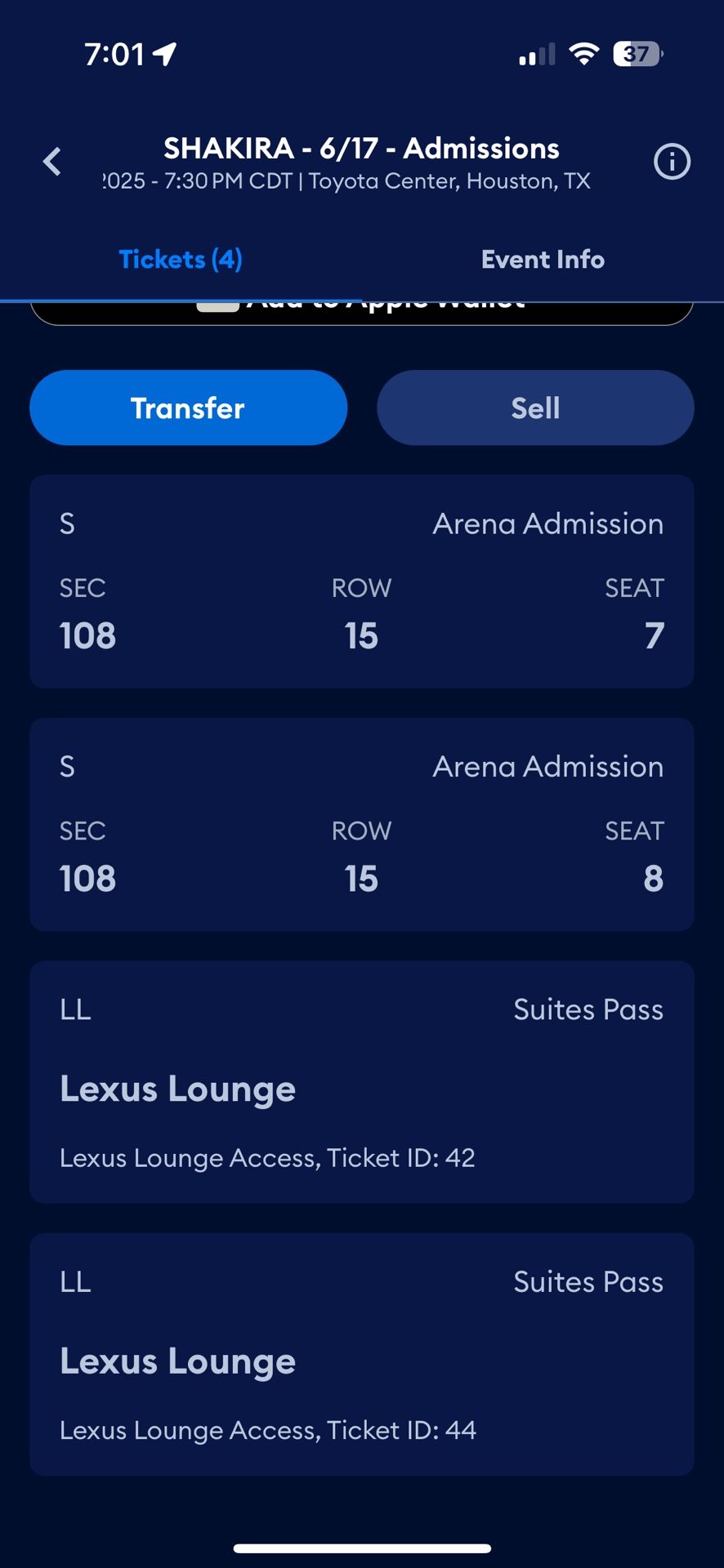 6/17 Shakira Concerts 2 Tickets And Lounge Passes