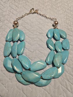 Faux Turquoise Stone Triple Strand Bib Necklace
