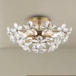 New Teresa 17.7 in. 6-Light Brushed Brass Finish Crystal Glass Flower Flush Mount Chandelier 