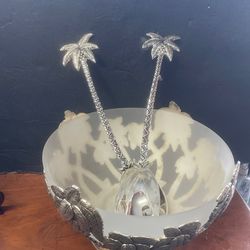 Vintage palm tree palm trees serving bowl with tongs fork knife