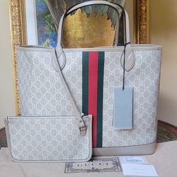 NWT GUCCI OPHIDIA LARGE SUPREME CANVAS WEB TOTE & POUCH OATMEAL LEATHER TRIM