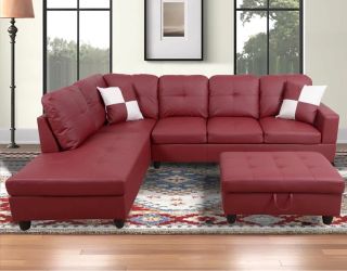 Red leather sectional couch and ottoman