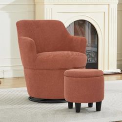 Swivel Accent Chair and Ottoman Set, Modern Fabric Upholstered Barrel Chair with Ottoman, Comfy Single Sofa Armchair with Footrest for Livi