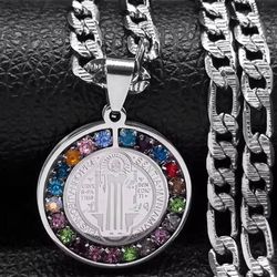 Colorful Crystal Saint Benedict Medal Round  Pendant Necklace in  Stainless Steel 