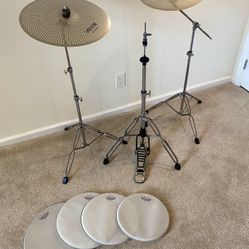 Complete set of drum cymbal stands PDP boom & straight stands Infinity hihat new quiet cymbals Remo Silentstroke mesh  practice heads 12 13 14 16” $16
