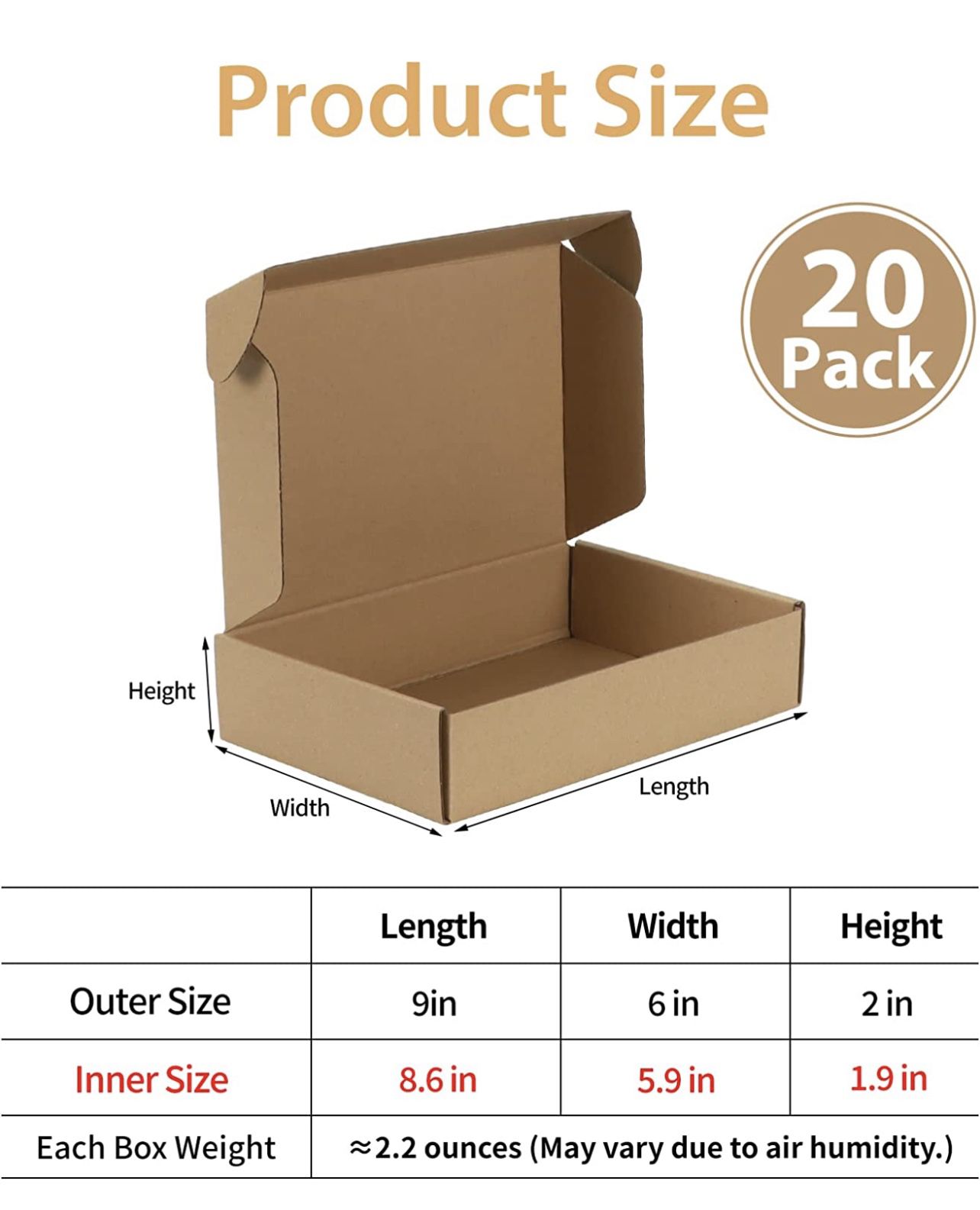 Trwcrt Shipping Boxes 9x6x2 Set of 20, Corrugated Cardboard Box for Packing