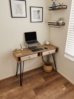 🪵 Mid-Century Modern Solid Wood Desk w/ Storage & Hairpin Legs