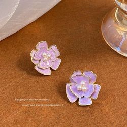 Vintage Style Purple Enamel Flower Earrings with Faux Pearls – 925 Silver Studs