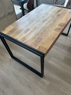 Solid honey/bourbon oak distressed table with metal frame