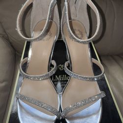 Silver Rhinestone Strappy New Years Eve Prom Party Wedding Heels 7 M