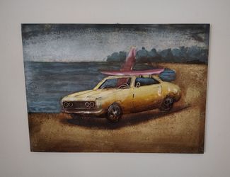 Beach Muscle Car 3D Metal Wall Art Surfboard Man Cave Decor