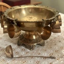 Vintage Solid Brass Punch Bowl Set