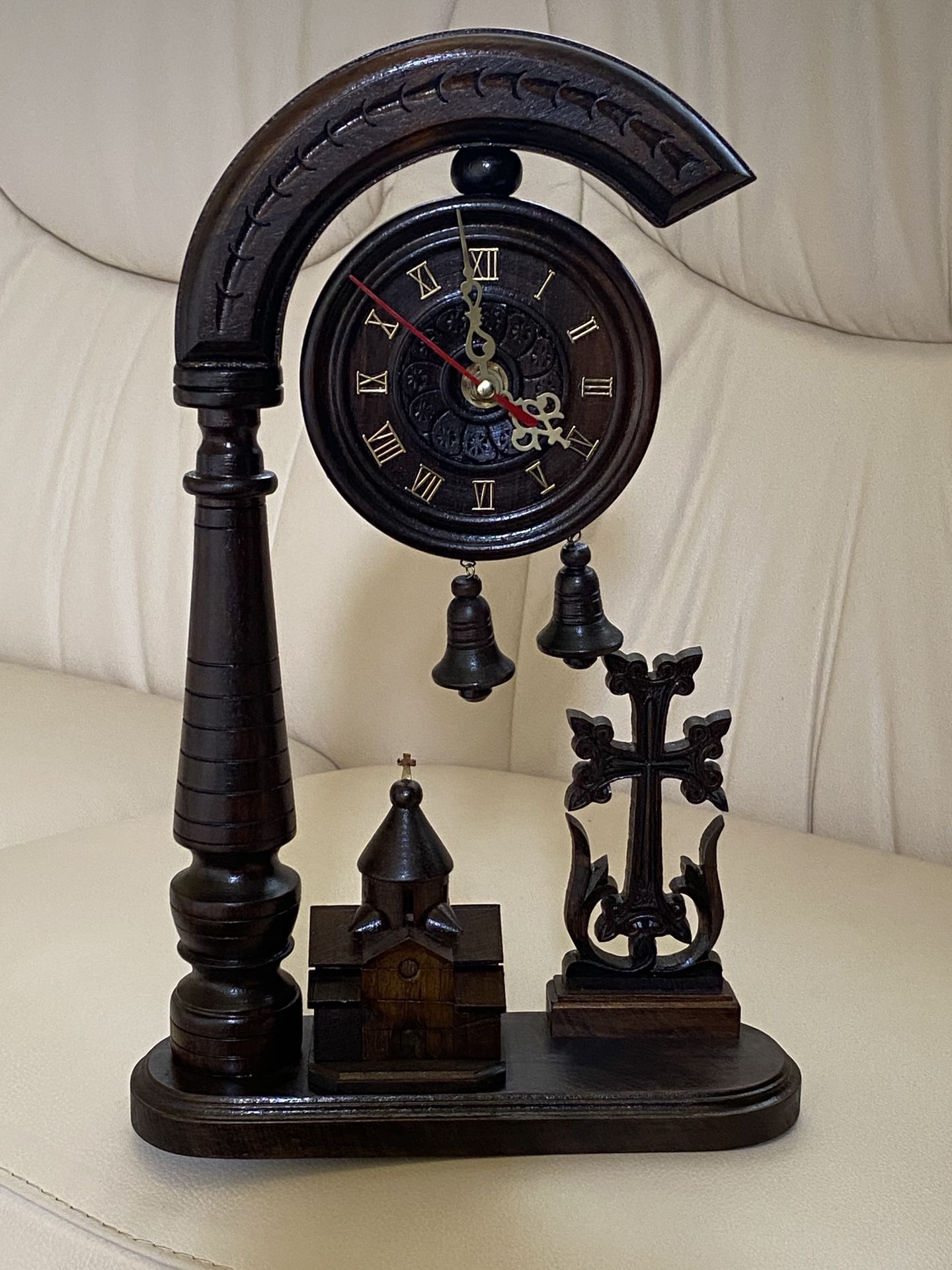 Hand Carved Wooden Clock with Church & Cross (Baptizing, Easter)