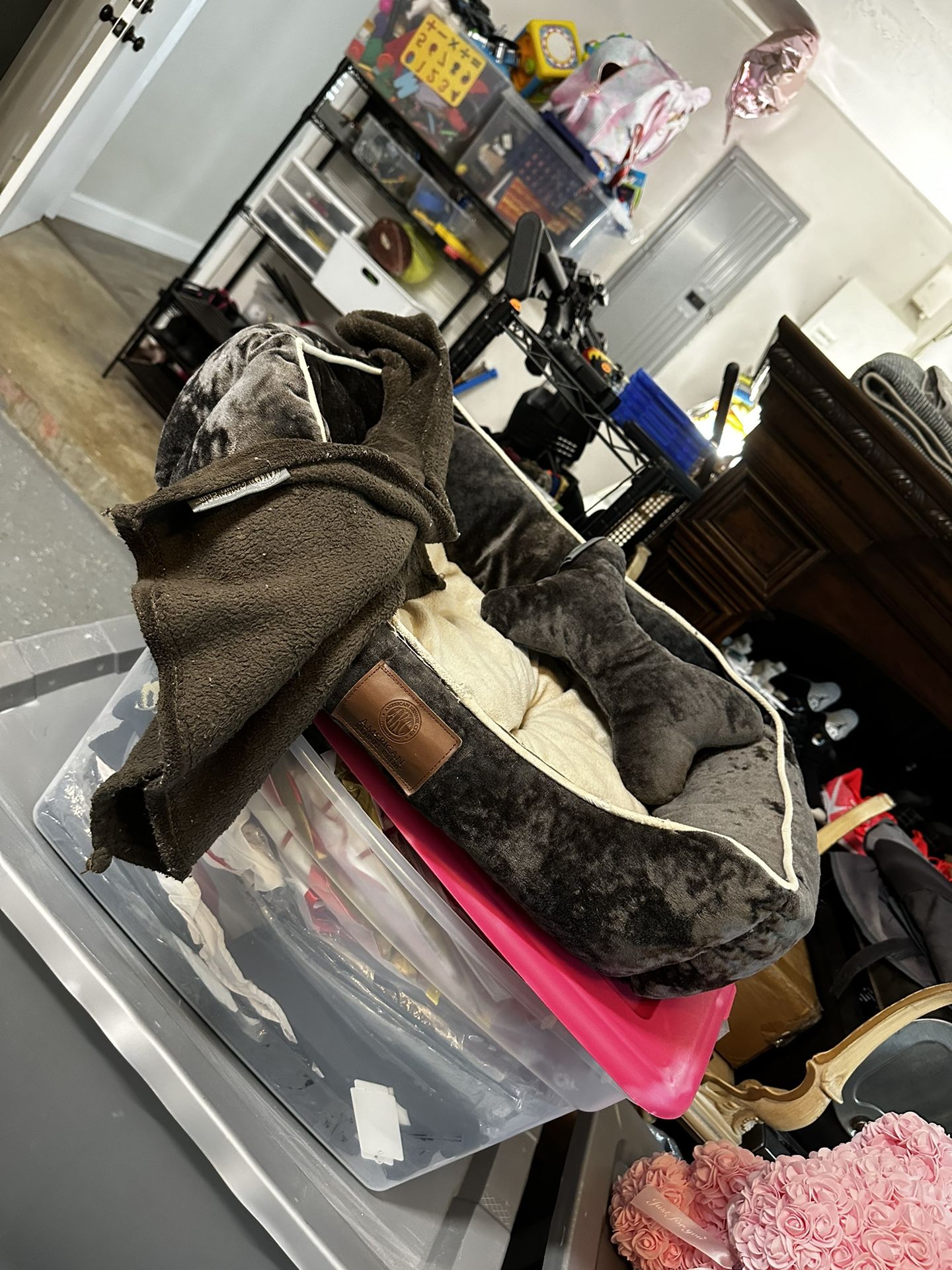 Dog bed, blanket, toy pillow