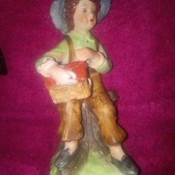 PORCELAIN BISQUE FIGURINE - COUNTRY BOY with BIRD HOUSE - 6 1/2" TALL VINTAGE