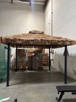 New 10’x10’ Metal Frame Thatched Tiki Bar Gazebo Patio Gazebo with Straw Thatch Roofing