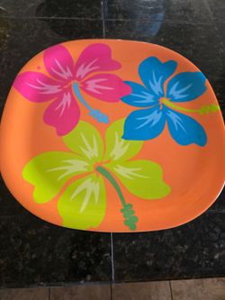 Tropical Hibiscus Square Platter + Hobnail Glass Vase - Precidio