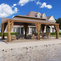 GAZEBEST 12' X 24' Permanent Hardtop Gazebo, Outdoor Galvanized Steel Double Roof Pavilion Pergola Canopy Wood-Looking with Aluminum Frame and Privacy