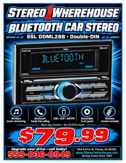 he DDML28B is a double-DIN Bluetooth radio with a detachable faceplate.