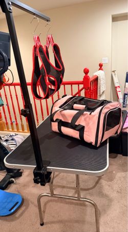 barely used bag and grooming dog table and courier with hang pole