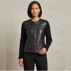 Leather & 100% merino wool women’s jacket M Coldwater Creek black casual
