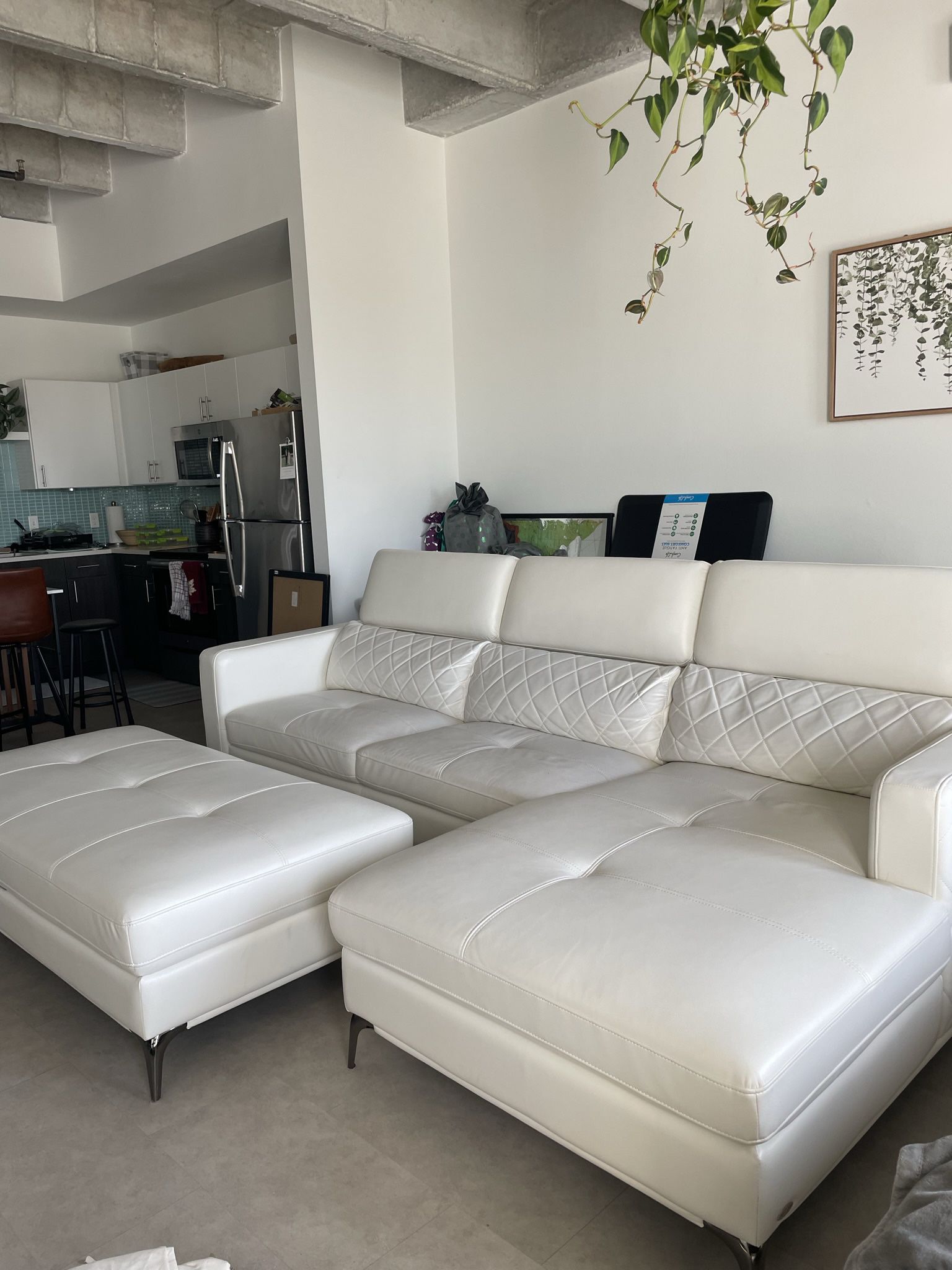 White leather Sectional Couch with Ottoman