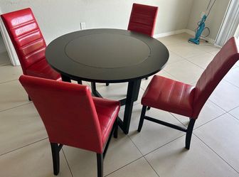 Modern Dining Table Set – Round Table with 4 Red Chairs