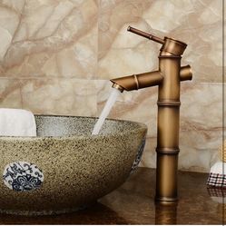 Bathroom Sink Faucet, Antique Bathroom Faucet Brass Basin Faucets European Retro Style Vessel Tall Bamboo Sink Tap Hot and Cold Water Mixer Tap Crane 