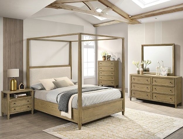 Bedroom Set 4 Pc W Canopy Natural Pine Finish, Beige Fabric, Platform Bed, Solid Wood, Others. Black Hardware Finish. New Especial Price