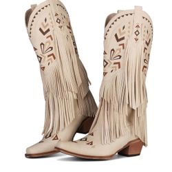 Cowboy Boots Size 9 - Fringe Knee High Cowgirl Boots with Classic Embroidery, Pointed Toe Pull on Retro Design, Perfect for Western Parties, Weddin