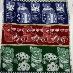 Throw Blanket 46" x 54" Blue Red Green Bear Cat Dog Socks Woven Cotton Blend