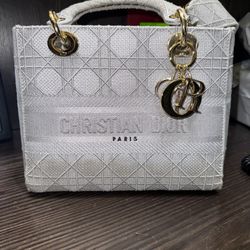Dior Grey Canvas Medium Cannage Lady D-Lite Tote Bag Used  