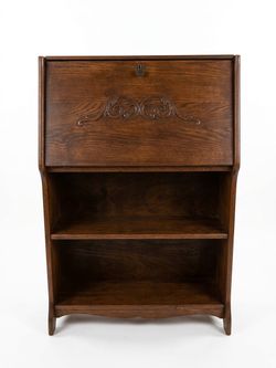 Vintage Carved Oak Drop-Front Secretary Desk with Shelves