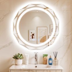 Homsion 24 Inch Round LED Bathroom Mirror With Lights, Frameless Vanity LED Mirror For Bathroom With Beveled Edge, Backlit Anti-Fog, Dimmable, 3 Color