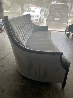 Designer Schnadig Curved Gray Sofa w Distressed Ebony Wood Frame.