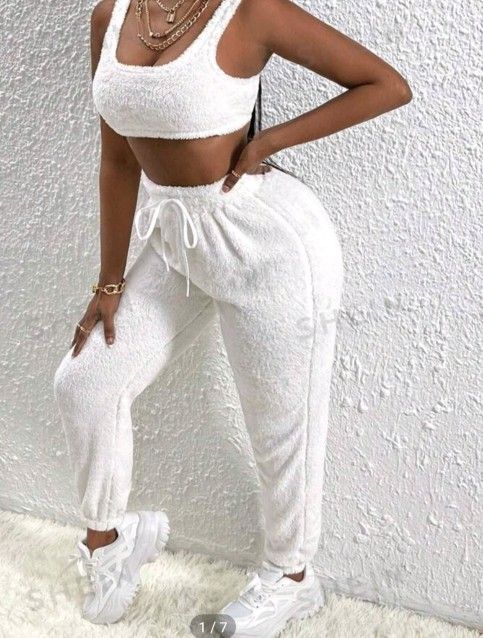 Solid White Fuzzy Two Piece Set 5$