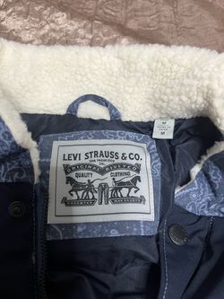 New Blue Levi's Men's Mixed Media Quilted Puffer Jacket with Sherpa Lined Collar