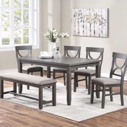 Gray 6 piece Dining Set table, 4 upholstered chairs & bench pick up Can deliver