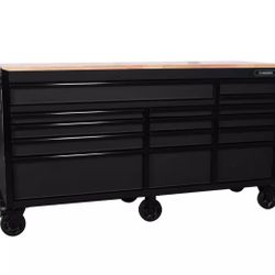Husky Heavy-Duty 72 in. W x 24 in. D 15-Drawer Matte Black Mobile Workbench Cabinet with Solid Wood Top