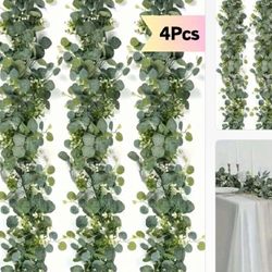 4 Pcs /5.9ft Artificial Eucalyptus Garlands With White Flowers - Perfect For Weddings, Parties & Home Decor Ideal For Fireplace Mantles, T