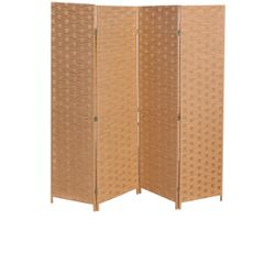 FDW Wood Mesh Woven Design 4 Panel Folding Wooden Screen Room Divider, Beige